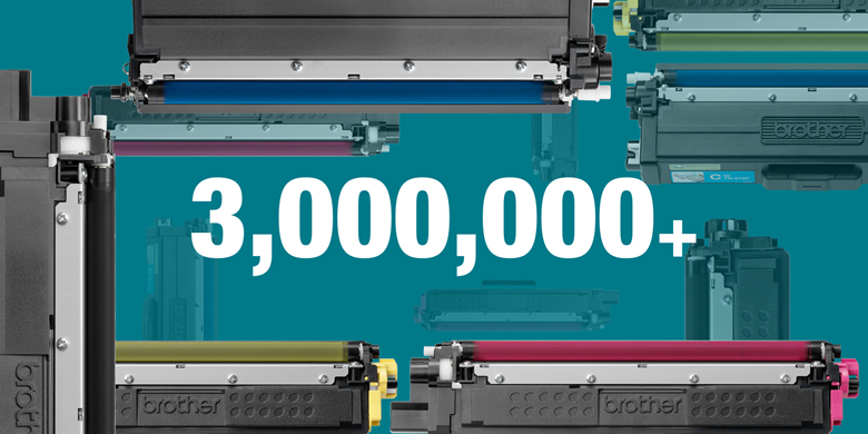 3 million plus written in numbers in white surrounded by toner cartridges on a turquoise background